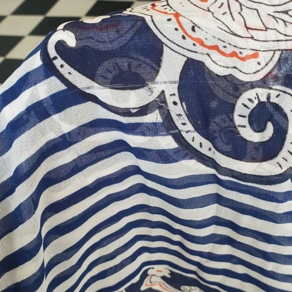 CAbi Blue Tan Sleeveless Pleated Ruffled Blouse - Picture 4 of 4